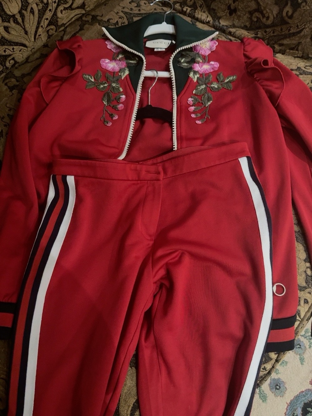 Gucci Red Floral Embroidered Ruffle Track Jacket & Pants Set - Picture 2 of 3